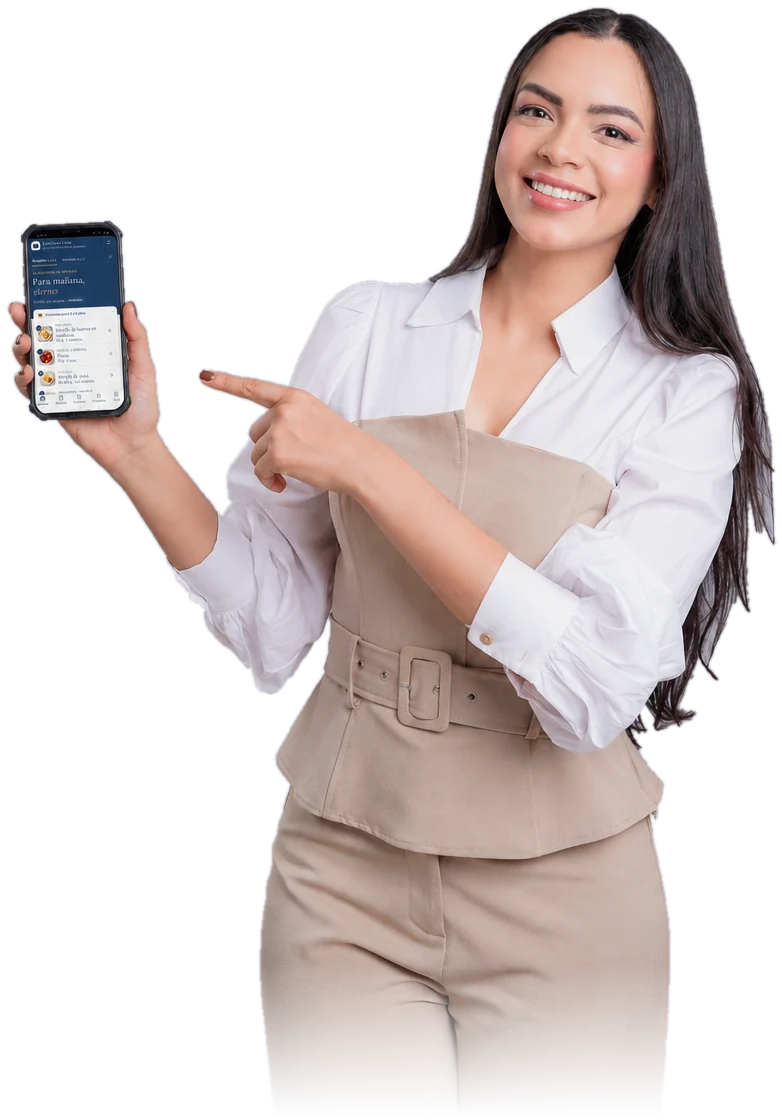La Dra. Elinell Molina mostrando la app Lonchera Lista en su celular