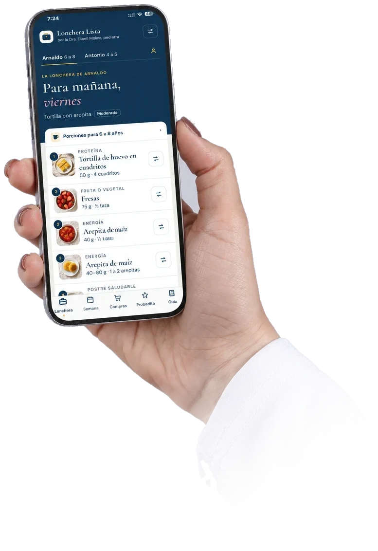 La app Lonchera Lista en un celular, con la lonchera de mañana